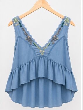 Free People Blue Embroidered Ruffle Crop Tank